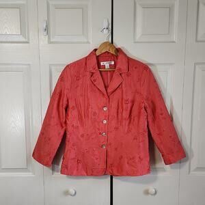 Rafael Womens Pink/Coral 100% Silk Blazer Size 10 Shell Buttons Beaded Embroider